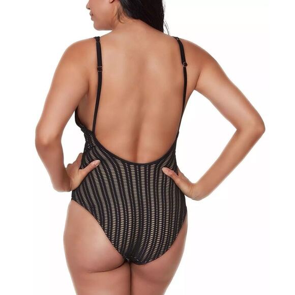 Bar III Artisian Crochet One-Piece Swimsuit, black and nude XL lined boho sexy - Picture 3 of 7